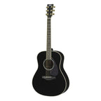 Yamaha LL16D-BL acoustic guitar in black with a cutaway body, visible wood grain, and intricate inlay details.
