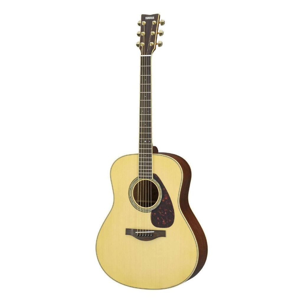 Yamaha LL6M ARE jumbo size acoustic guitar in natural wood finish with piezo pickup, showcasing the body and neck details.