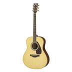 Yamaha LL6M ARE jumbo size acoustic guitar in natural wood finish with piezo pickup, showcasing the body and neck details.