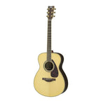 Yamaha LS6 small body acoustic guitar with natural finish, rosewood back and sides, showcasing its compact shape and wood grain details.