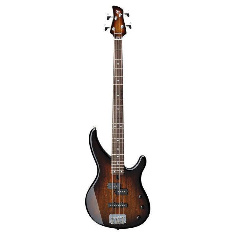 Yamaha TRBX174EW-TBS electric bass guitar with exotic wood finish in tobacco brown sunburst, 4-string, showcasing the body and neck.