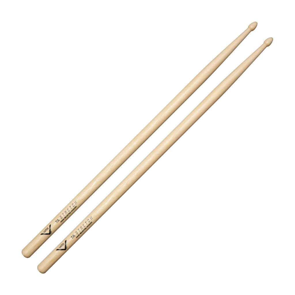 Vater VH7AS American Hickory 7A stretch drumsticks with wood tips, showing the sticks laid out on a surface.