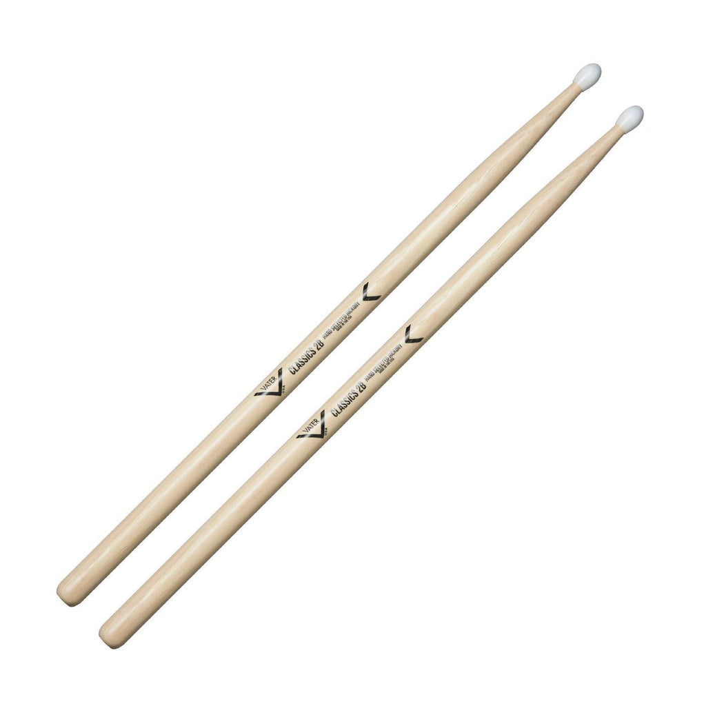 Vater VHC2BN Classics 2B drumsticks with nylon tips, wooden sticks for drumming, featuring a natural wood finish and grip.