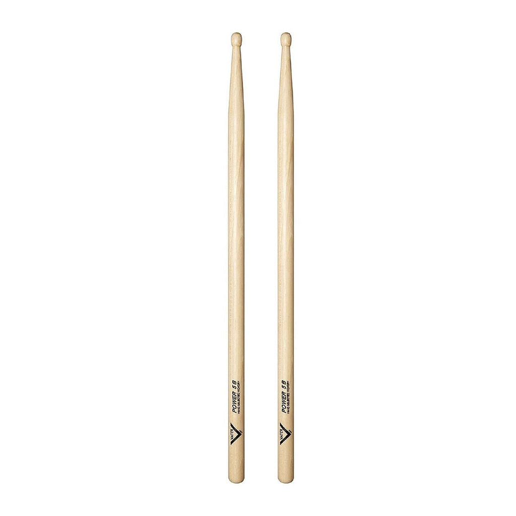 Vater VHP5BW American Hickory Power 5B wood tip drumsticks on a drum kit, showing their size and natural wood finish.