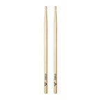 Vater VHP5BW American Hickory Power 5B wood tip drumsticks on a drum kit, showing their size and natural wood finish.