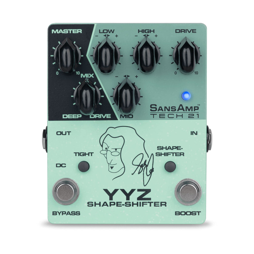 Tech 21 Sansamp YYZ Shape Shifter Geddy Lee signature effects pedal with various control knobs and input/output jacks.