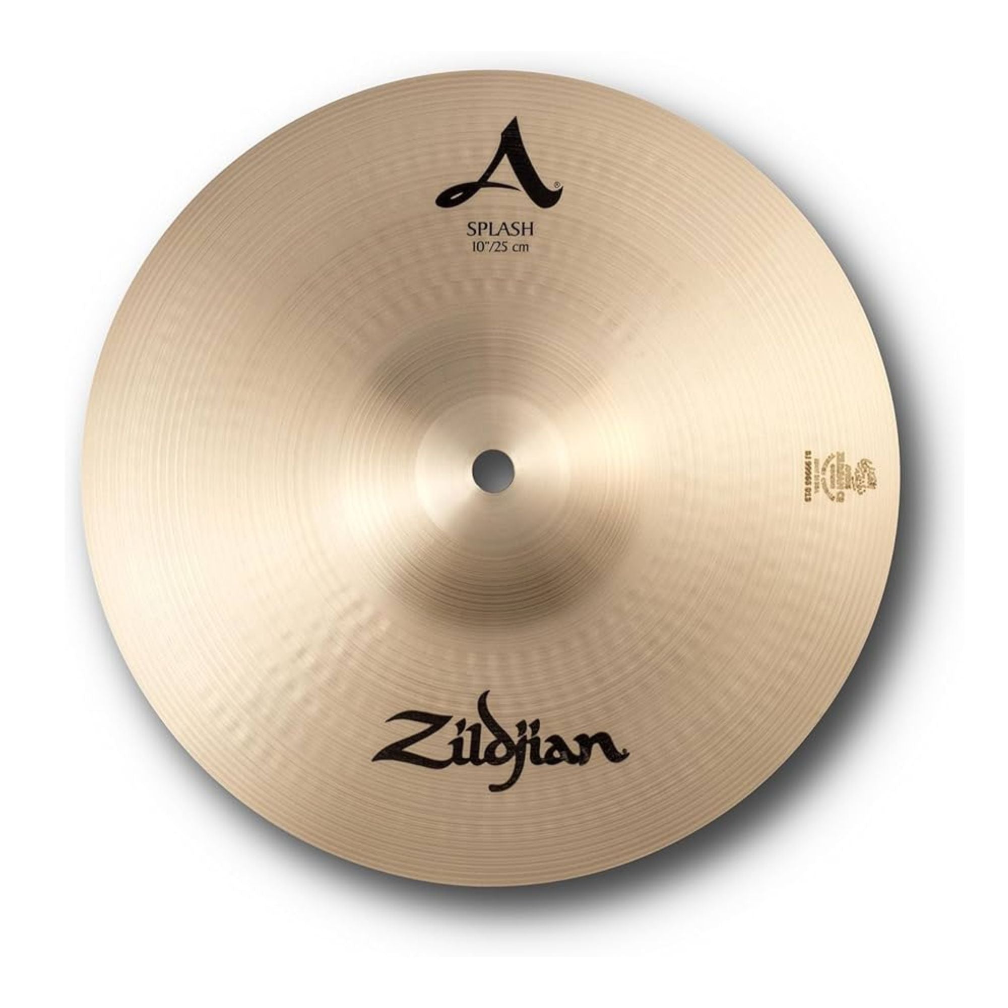Zildjian A 10-inch Splash Cymbal for drums, showing its shiny metal surface and compact size on a drum set.
