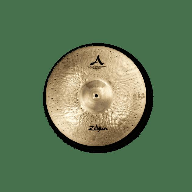 Pair of Zildjian Orchestral Classic 20-inch Medium Heavy cymbals, showcasing their size, finish, and craftsmanship.