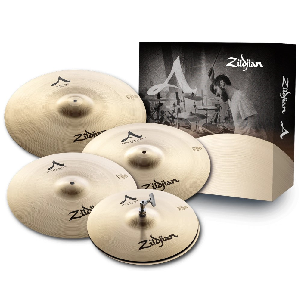 Zildjian A Family Sweet Ride Cymbal Pack featuring 14", 16", 18", and 21" cymbals on a white background.