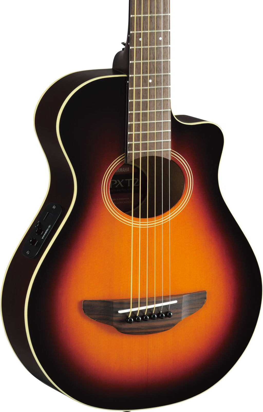 Yamaha APXT2OVS 3/4 acoustic guitar in old violin sunburst finish with accompanying gig bag, showcasing its compact size and warm color.