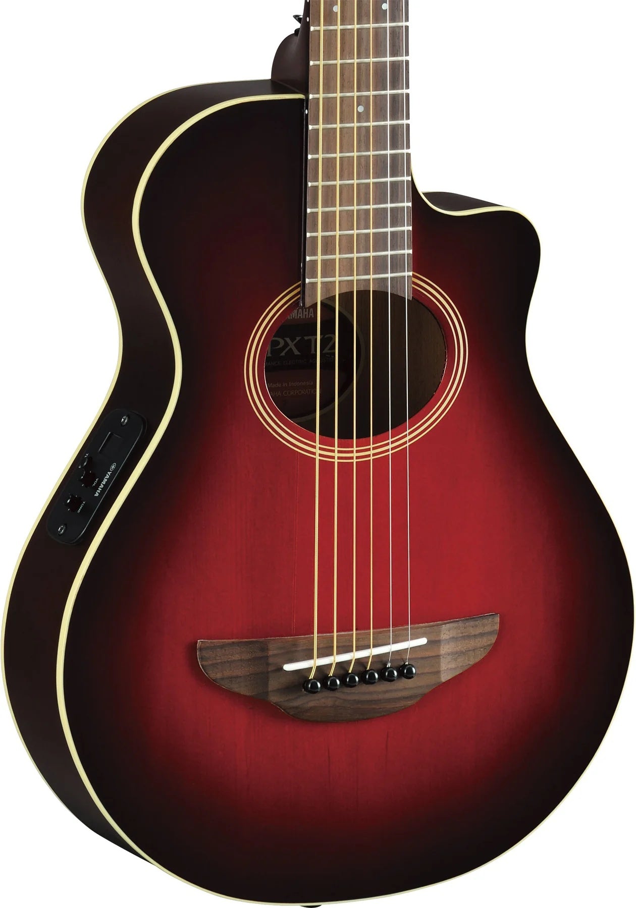 Yamaha APXT2DRB 3/4 acoustic guitar in dark red burst with carrying bag, showcasing its compact size and rich finish.
