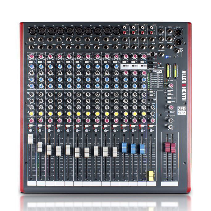 Allen & Heath Zed-16FX analogue mixing desk with USB and built-in effects, featuring multiple channels and control knobs.