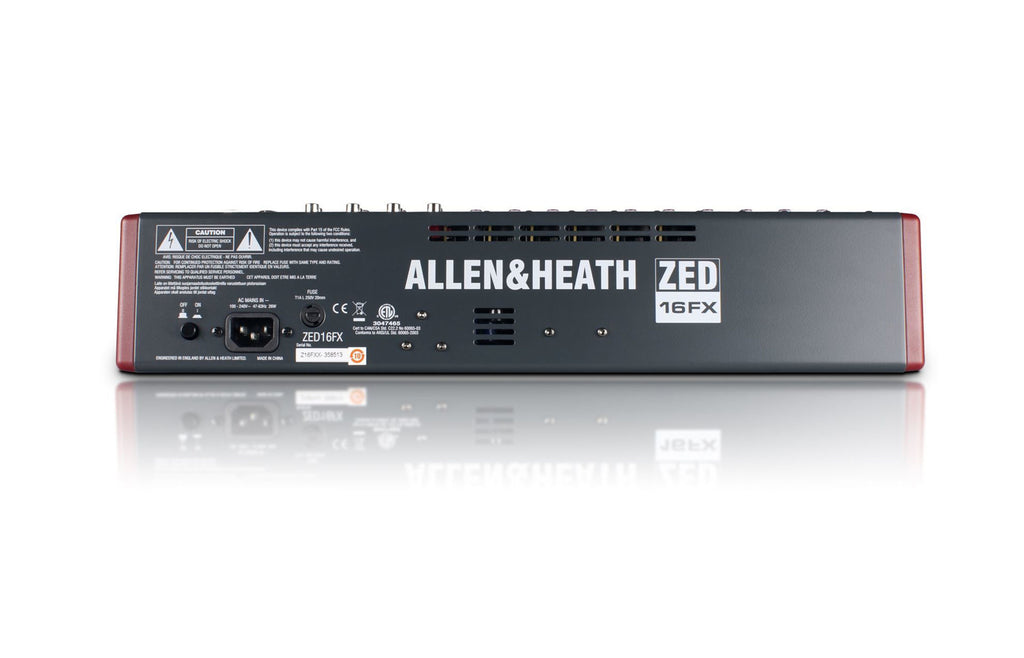 Allen & Heath Zed-16FX analog mixing desk with multiple input channels, built-in effects, and USB connectivity for audio mixing.