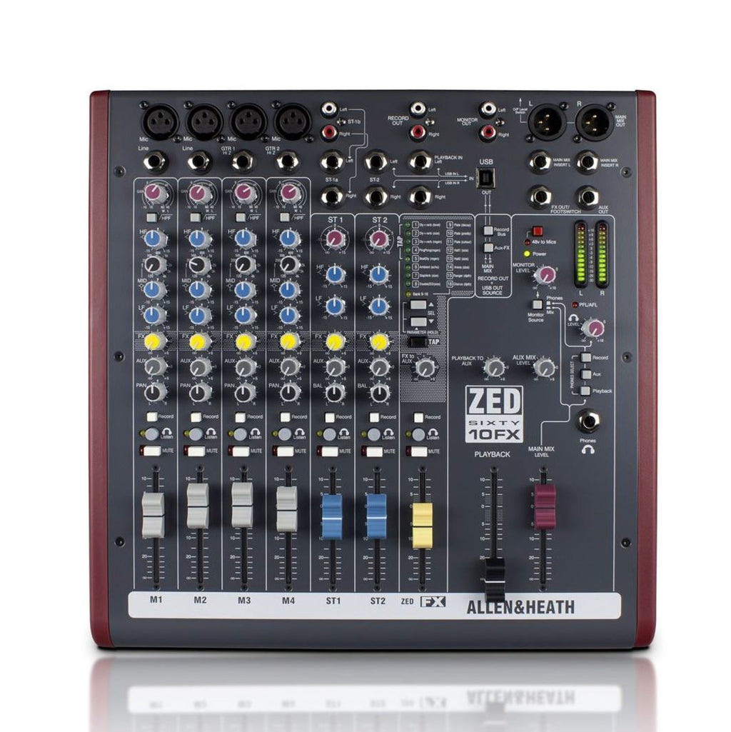 Allen & Heath Zed60-10FX analogue mixing desk with multiple input channels and built-in effects, shown from a front view.