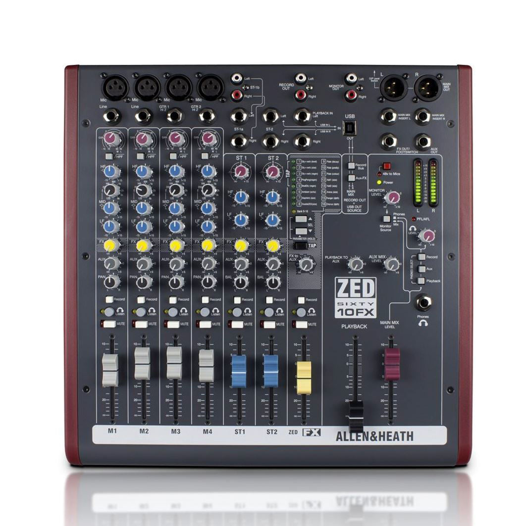 Allen & Heath Zed60-10FX analogue mixing desk with multiple input channels and built-in effects, shown from a front view.