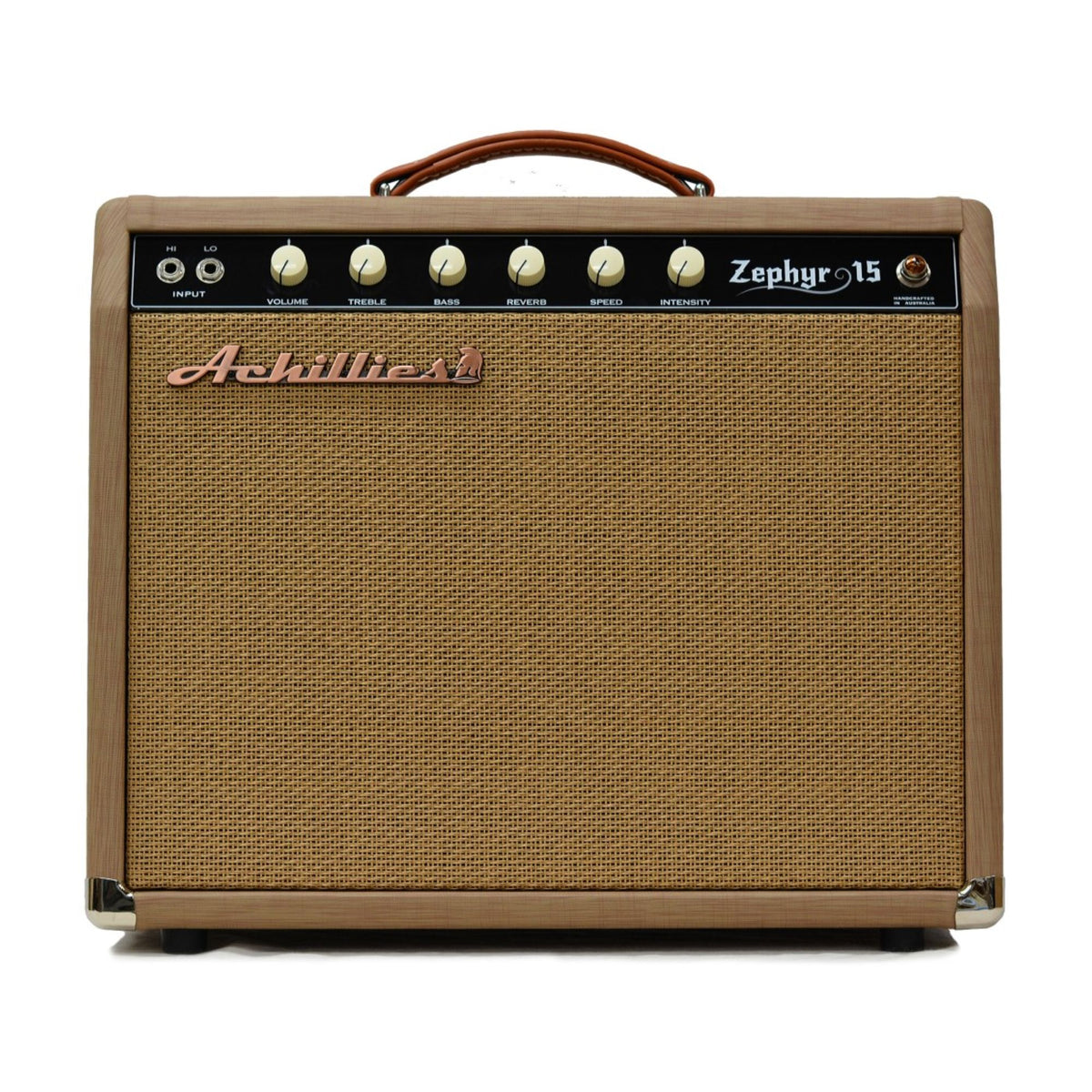 Achillies Zephyr 15W 1x12 tube guitar combo amplifier with Jensen C12Q speaker, finished in almond Marquee Tolex.