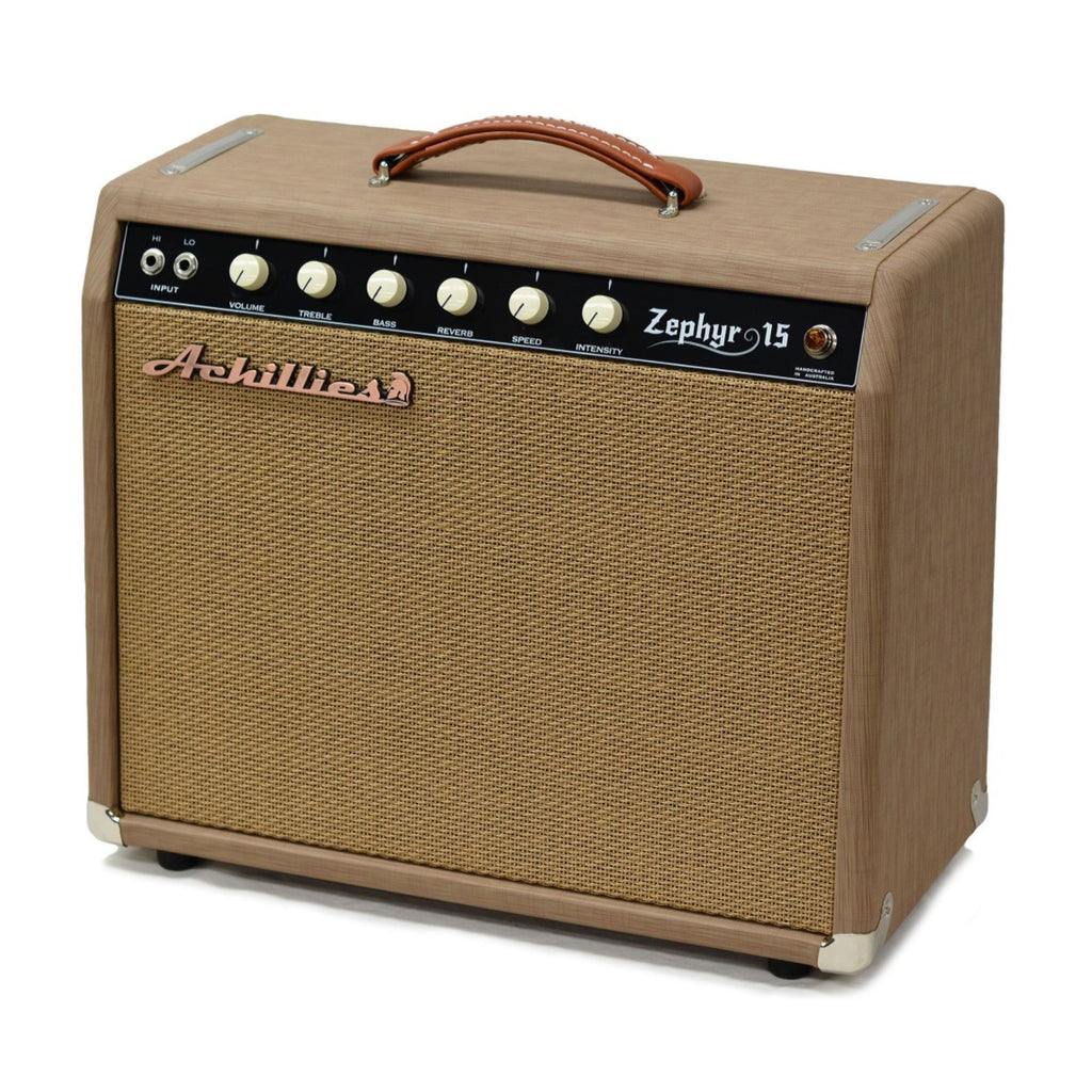 Achillies Zephyr 15W 1x12 tube guitar combo amplifier with Jensen C12Q speaker in almond Marquee Tolex finish.