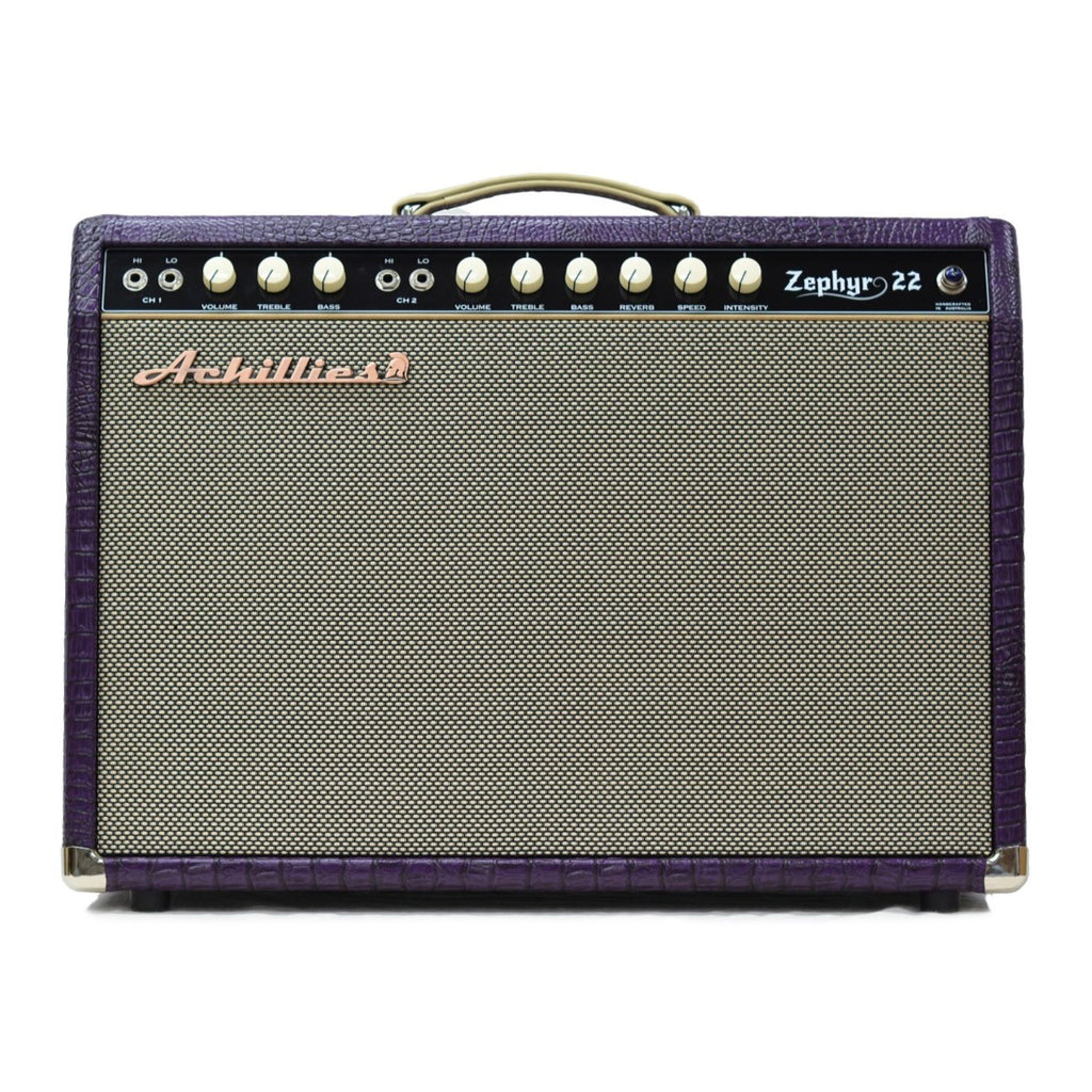 Achillies Zephyr 22W 1x12 guitar amplifier with Jensen speaker in purple crocodile tolex, showcasing its stylish vintage design.