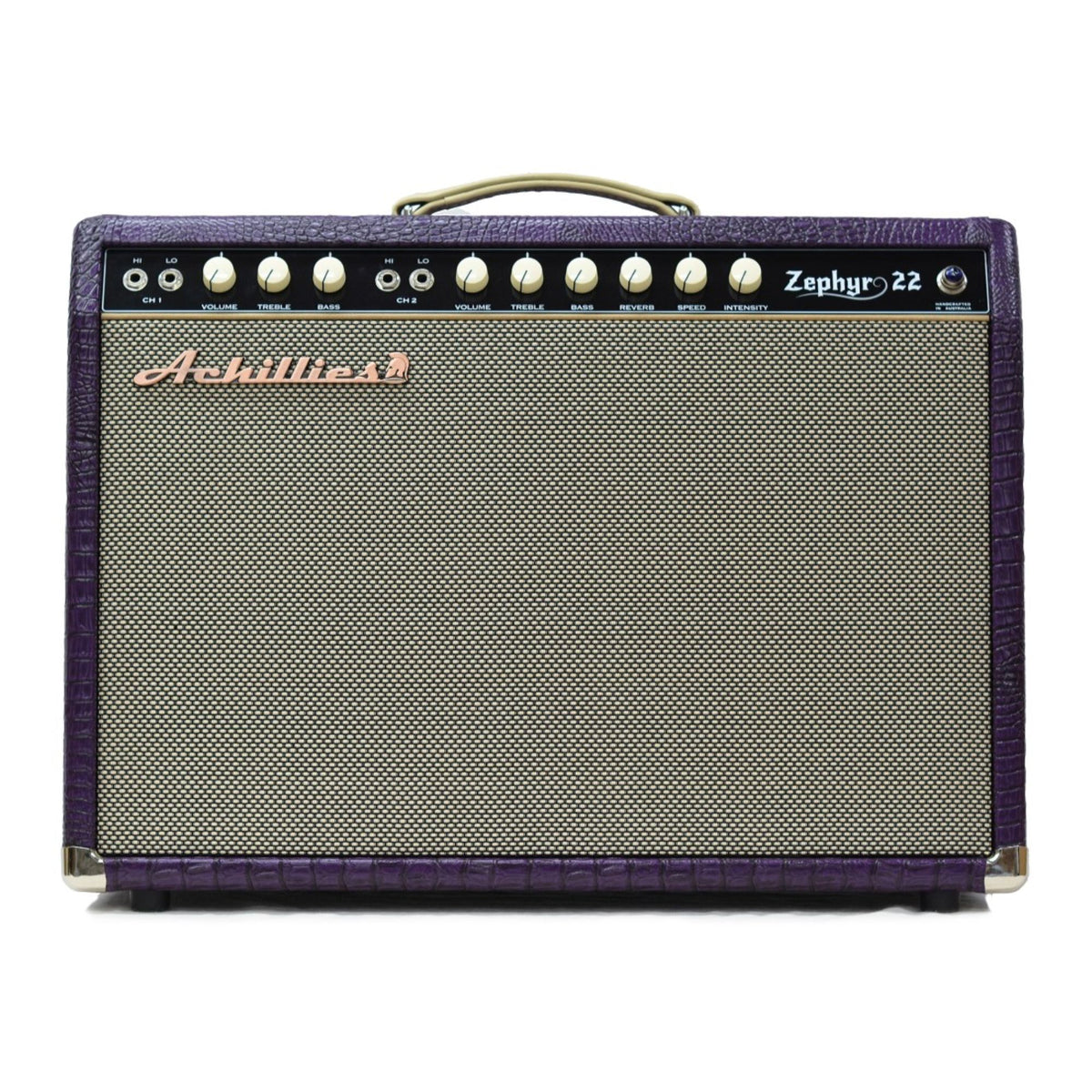 Achillies Zephyr 22W 1x12 guitar amplifier with Jensen speaker in purple crocodile tolex, showcasing its stylish vintage design.
