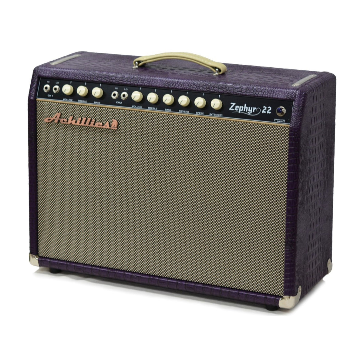 Achillies Zephyr 22W 1x12 tube guitar amplifier with Jensen speaker, purple crocodile tolex, and vintage-style controls.