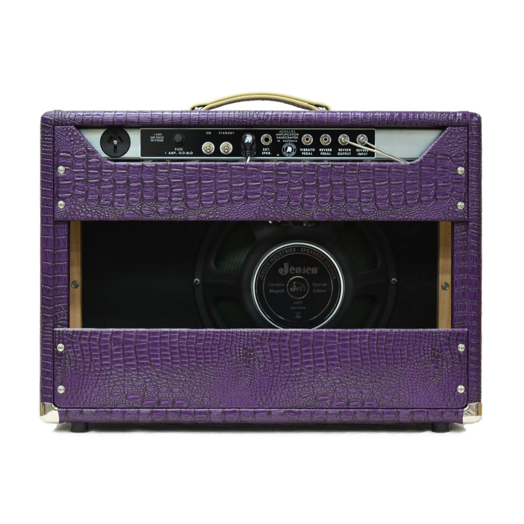 Achillies Zephyr 22W 1x12 guitar amplifier with Jensen speaker in purple crocodile tolex, showcasing the stylish vintage design.