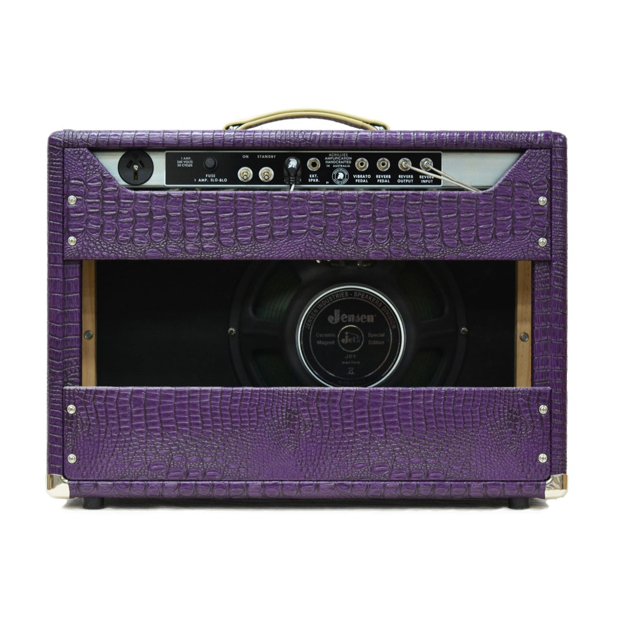 Achillies Zephyr 22W 1x12 guitar amplifier with Jensen speaker in purple crocodile tolex, showcasing the stylish vintage design.