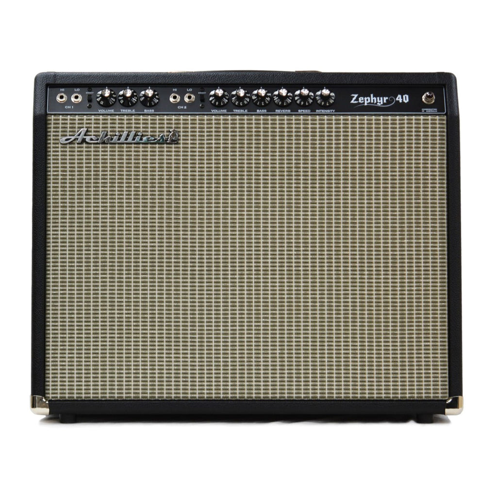 Achillies Zephyr 40W 1x15 guitar combo amplifier with Jensen C15N speaker, black Bronco tolex finish, vintage-style design.