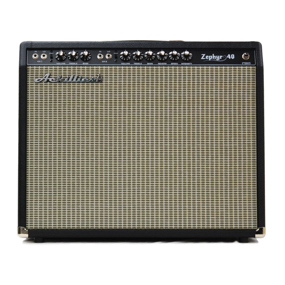 Achillies Zephyr 40W 1x15 guitar combo amplifier with Jensen C15N speaker, black Bronco tolex finish, vintage-style design.