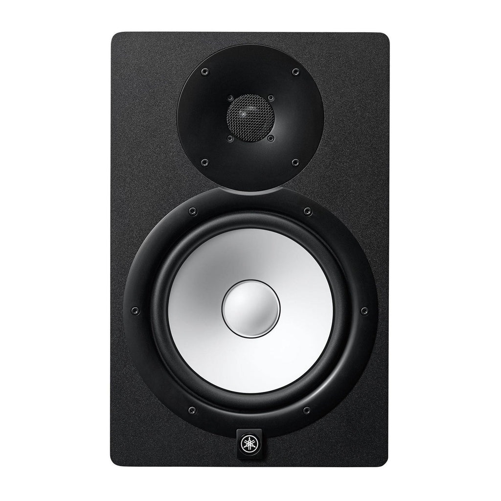 Yamaha HS8 8-inch two-way powered studio monitor in black, showing the front view with speaker grille and control panel.