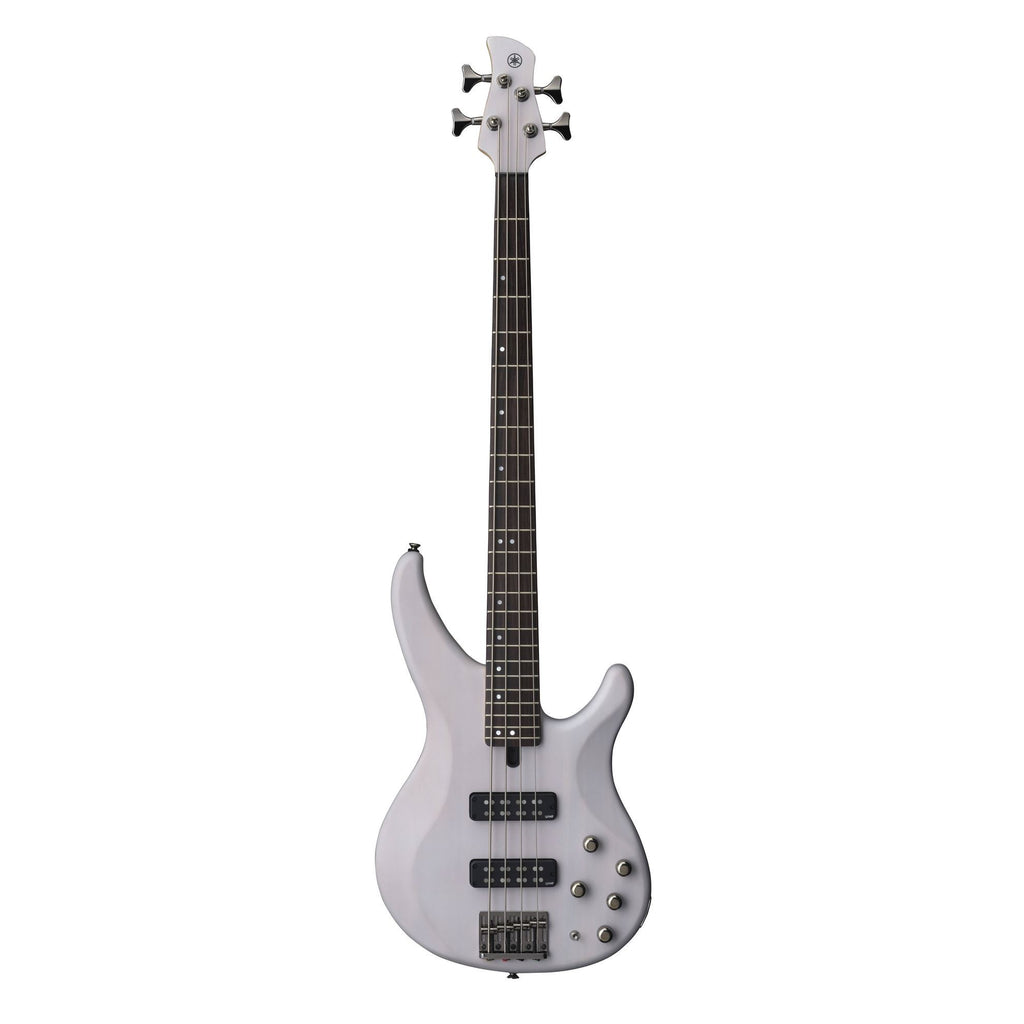 Yamaha TRBX504 4-string bass guitar with maple and mahogany neck in translucent white, shown from the front.