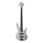 Yamaha TRBX504 4-string bass guitar with maple and mahogany neck in translucent white, shown from the front.