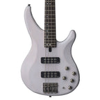 Yamaha TRBX504 4-string bass guitar with maple and mahogany neck in translucent white, shown from a front angle.
