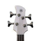 Yamaha TRBX504 4-string bass guitar with maple and mahogany neck in translucent white, shown from a side angle.