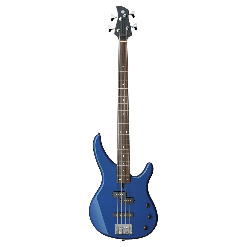 Yamaha TRBX174 bass guitar with dark blue metallic finish and maple neck, shown on a stand.