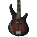 Yamaha TRBX174 electric bass guitar in old violin sunburst finish, showing the 4-string bass with wood grain and sleek design.