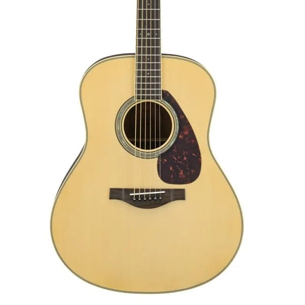 Yamaha LL6-NT//ARE acoustic guitar in natural finish, showing the body and fretboard details.