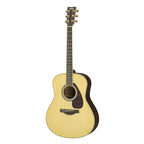 Yamaha LL6-NT//ARE acoustic guitar in natural finish, showing the body and fretboard, highlighting its craftsmanship and wood grain.