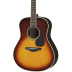 Yamaha LL6 jumbo size acoustic guitar with rosewood back and sides, featuring a brown finish and detailed fretboard.