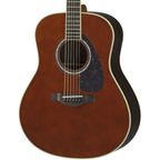 Yamaha LL6-DT//ARE acoustic guitar with dark tinted finish, showcasing its body, soundhole, and strings in a natural setting.
