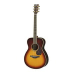 Yamaha LS6-BS//ARE acoustic guitar with brown sunburst finish, showcasing its body, soundhole, and bridge.