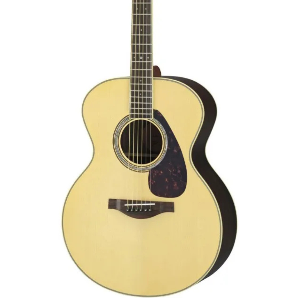 Yamaha LJ6 L Series Mini Jumbo acoustic guitar with natural finish, showcasing its body and detailed wood grain.