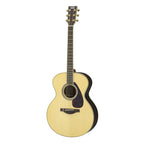 Yamaha LJ6 L Series Mini Jumbo Body Acoustic Guitar with natural finish, showcasing the wooden body and six steel strings.