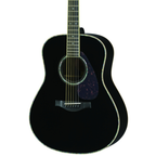Yamaha LL16D-BL//ARE acoustic guitar in black, showing the body and neck with a smooth finish and detailed wood grain.