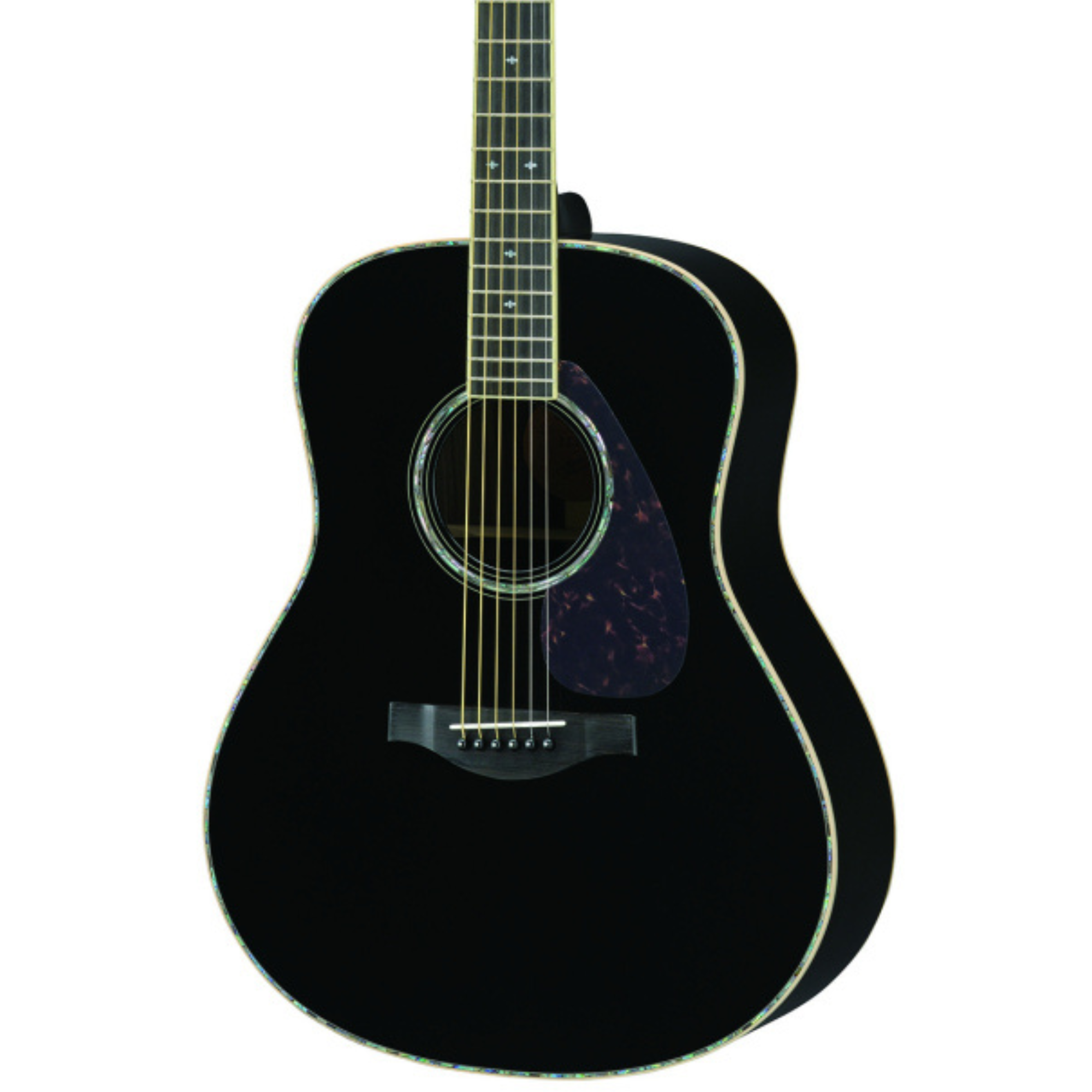 Yamaha LL16D-BL//ARE acoustic guitar in black, showing the body and neck with a smooth finish and detailed wood grain.