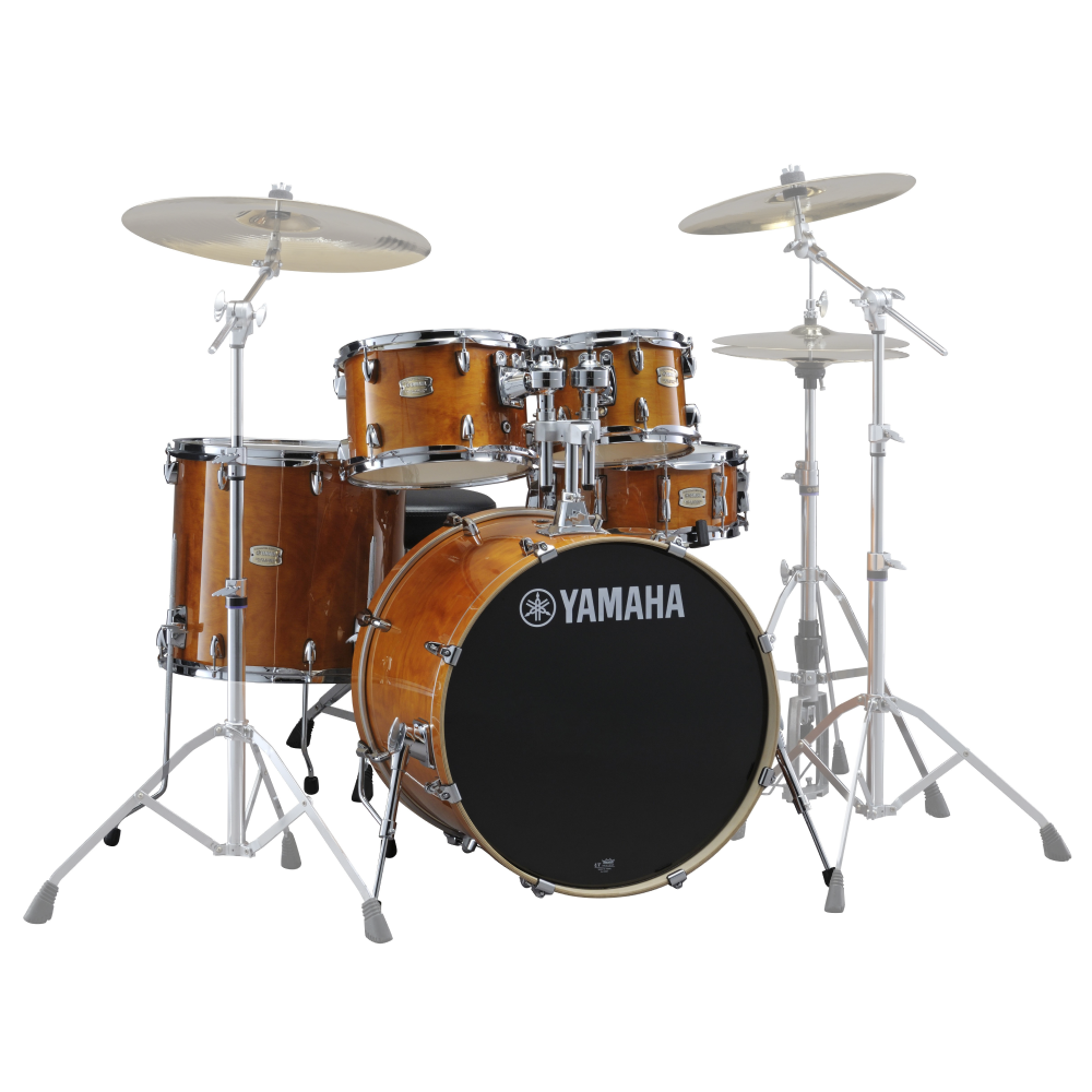 Yamaha Stage Custom Birch Euro 5-piece shell pack with honey amber finish, featuring bass drum, toms, and snare drums arranged for stage setup.