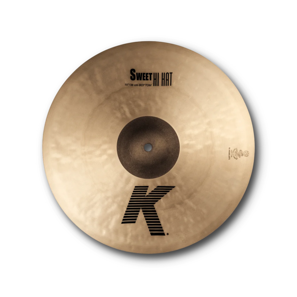 Pair of Zildjian K 15-inch Sweet Hi-Hat Cymbals, single cymbals with a shiny finish and detailed branding on the top cymbal.