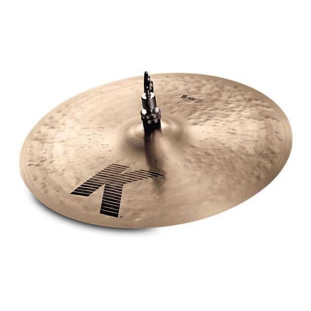 Zildjian K 14-inch hi-hat cymbal top, single cymbal showing a shiny bronze finish and detailed branding markings.