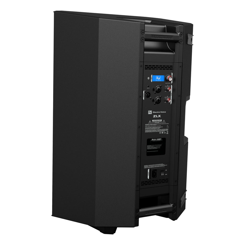 Electro-Voice ZLX15BT 15-inch powered PA speaker with Bluetooth streaming, showing the speaker's front grille and control panel.
