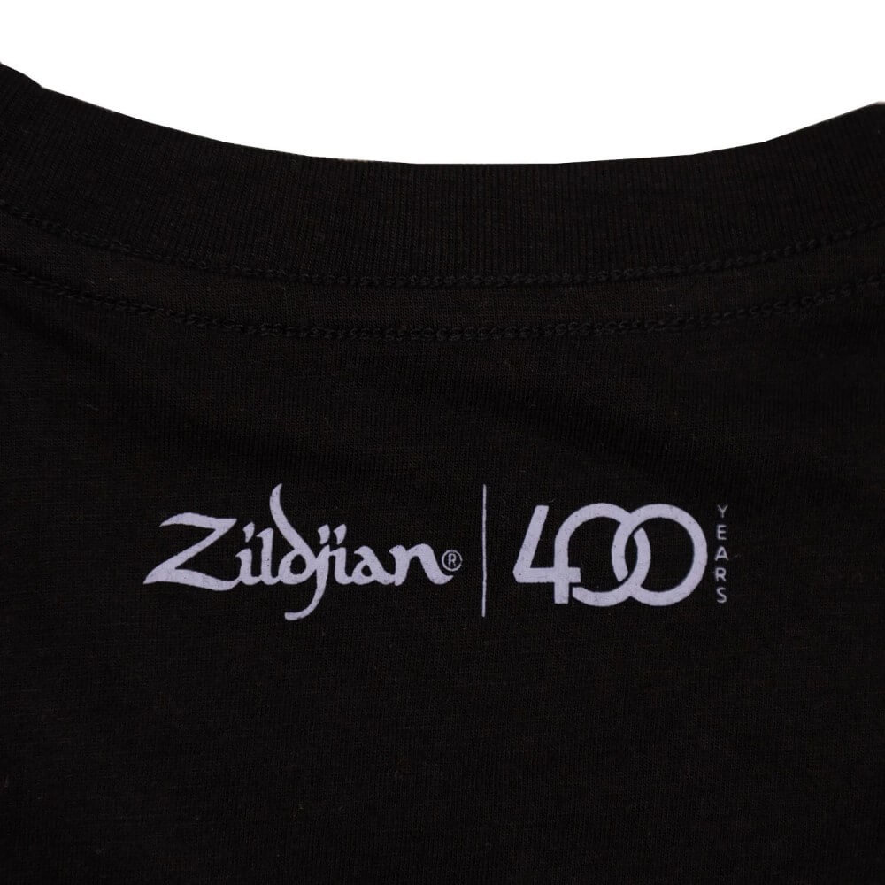 Zildjian Limited Edition 400th Anniversary Alchemy T-shirt in small size, featuring drum-themed graphic and Zildjian branding.