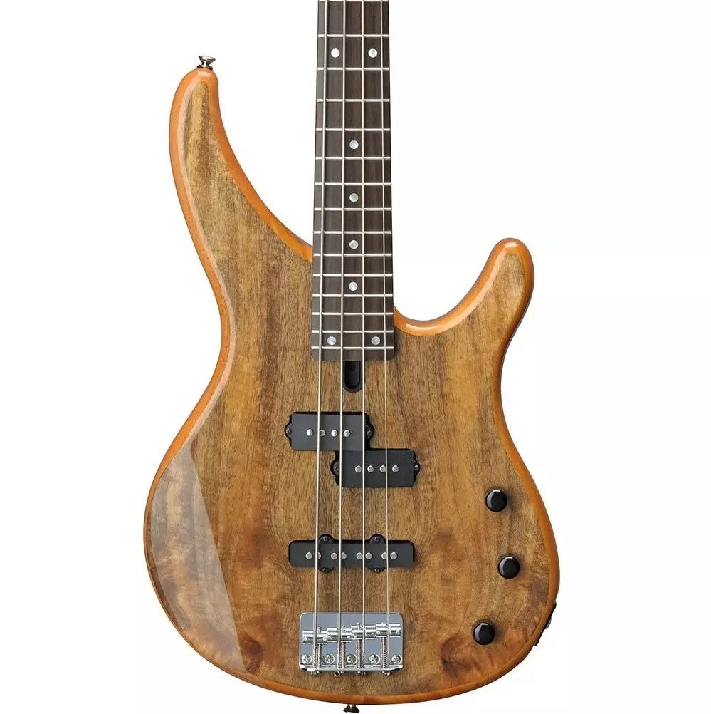 Yamaha TRBX174EW-NT electric bass guitar with exotic wood finish in natural color, showcasing its sleek 4-string design.